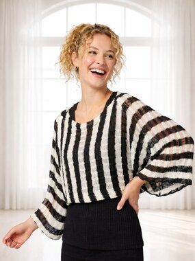 KOKOMO Striped Knit Capelet Sweater & Tank Set Black White Button Detail S/M